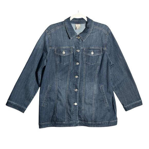 Chicos Sz 2P, 12 Elongated Denim Jacket Stretchy Comfy Utility Chore Lagenlook - Picture 1 of 12